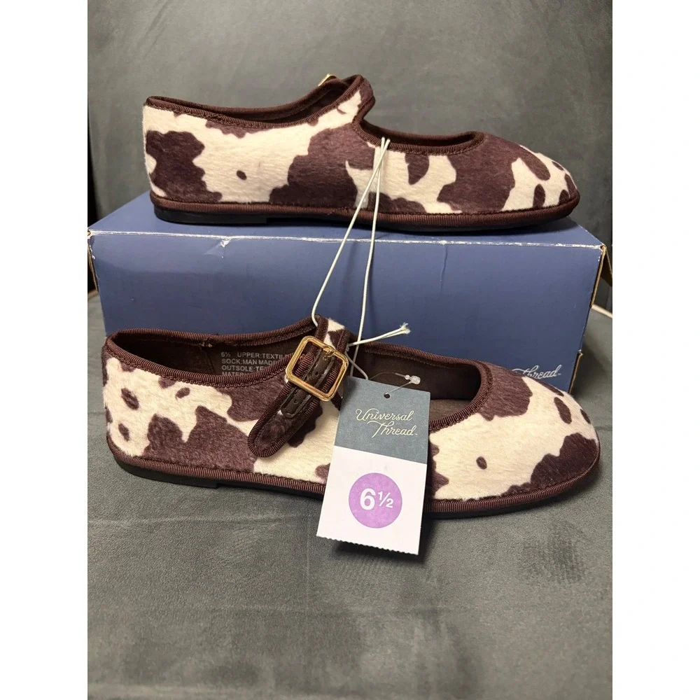 Universal Thread Halston Cow Print Mary Jane Flats Brown White Buckle NWT 6.5